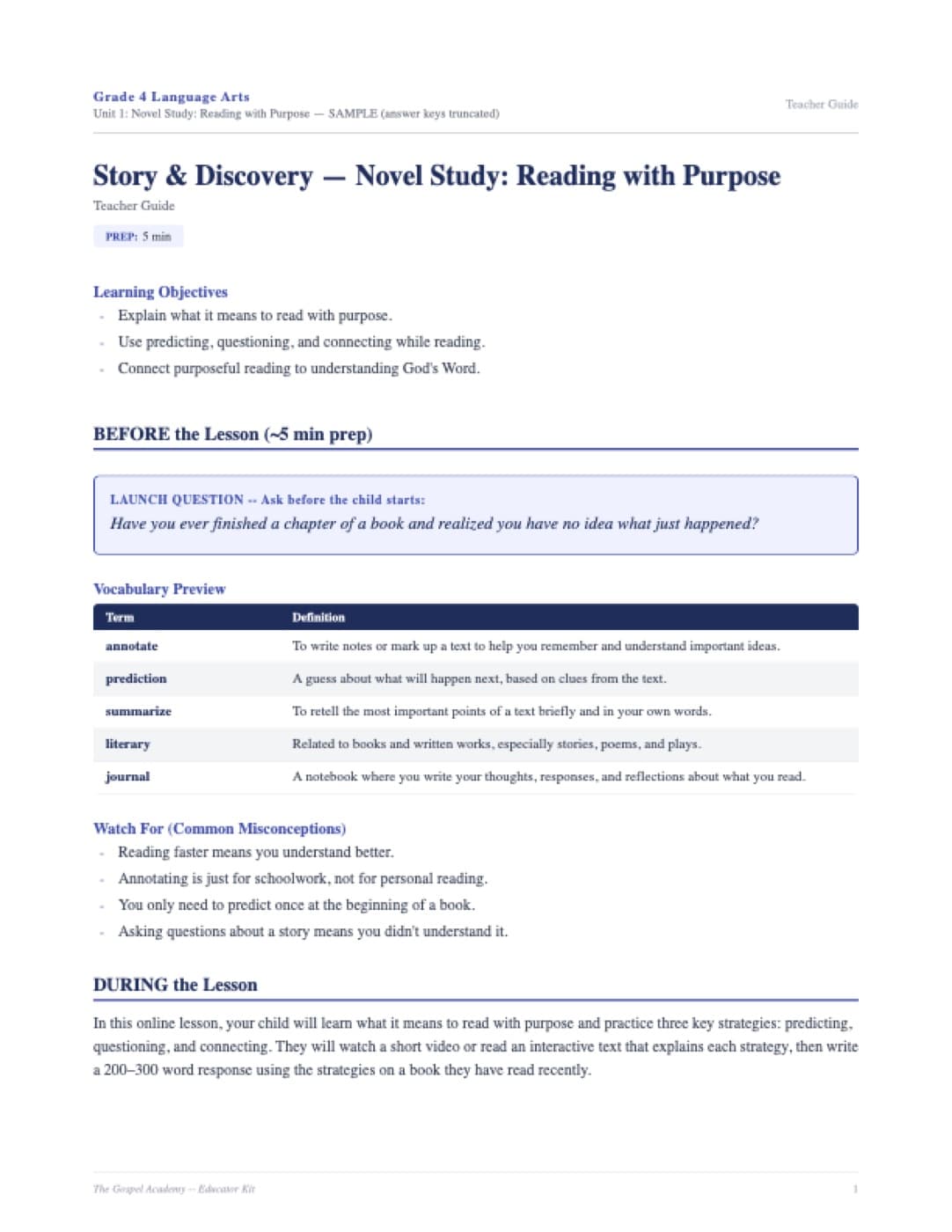 Actual first page of the Grade 4 Language Arts teacher guide: learning objectives, launch question, vocabulary preview table, and common misconceptions