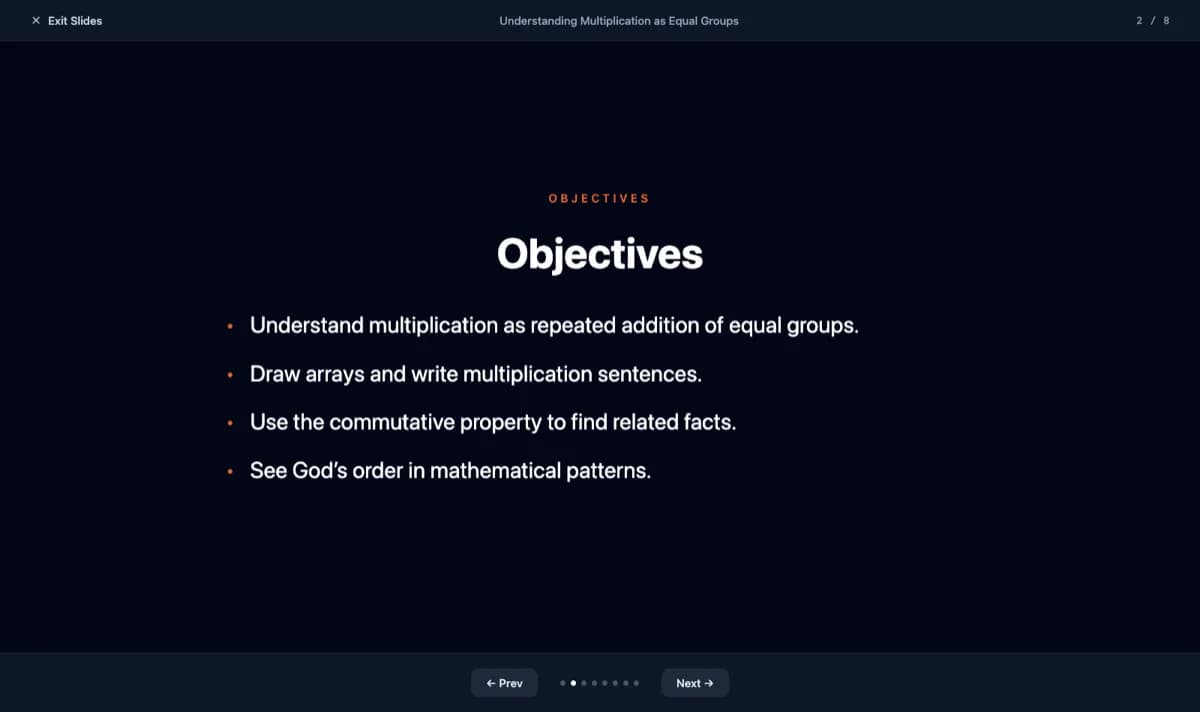 Projectable slide showing the Objectives for Grade 3 Mathematics, Week 1: Understanding Multiplication as Equal Groups